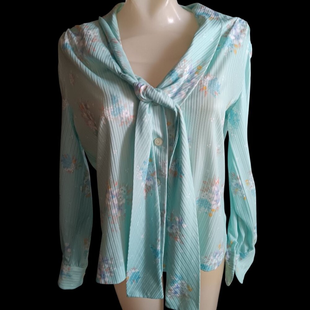 Vintage Women's Large Secretary Top Blouse Floral Tie Neck 1980's Granny Made